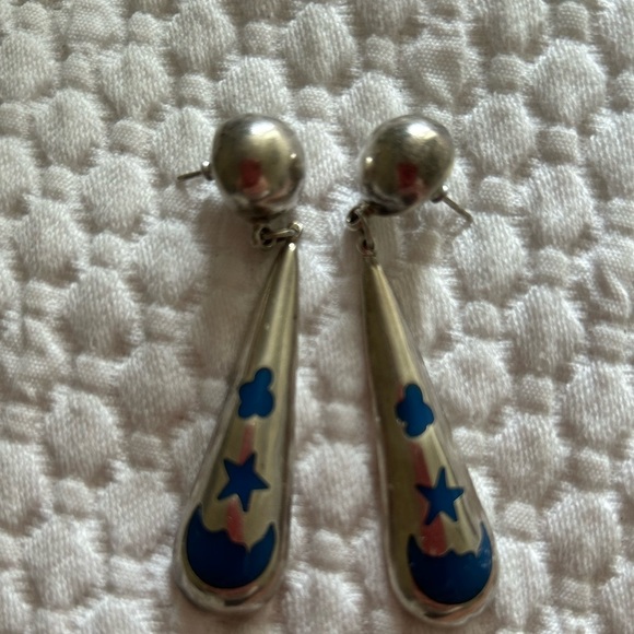 Moon and Star Sterling Silver Drop Earrings with a blue inlay. - Picture 1 of 3